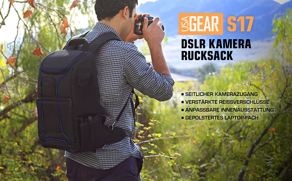 Рюкзак для камери USA Gear DSLR, фоторюкзак з захистом від ударів, відділенням для ноутбука 43,18 см, водонепроникний, з регульованим відділенням для об'єктивів та кріпленням для штатива, блакитний