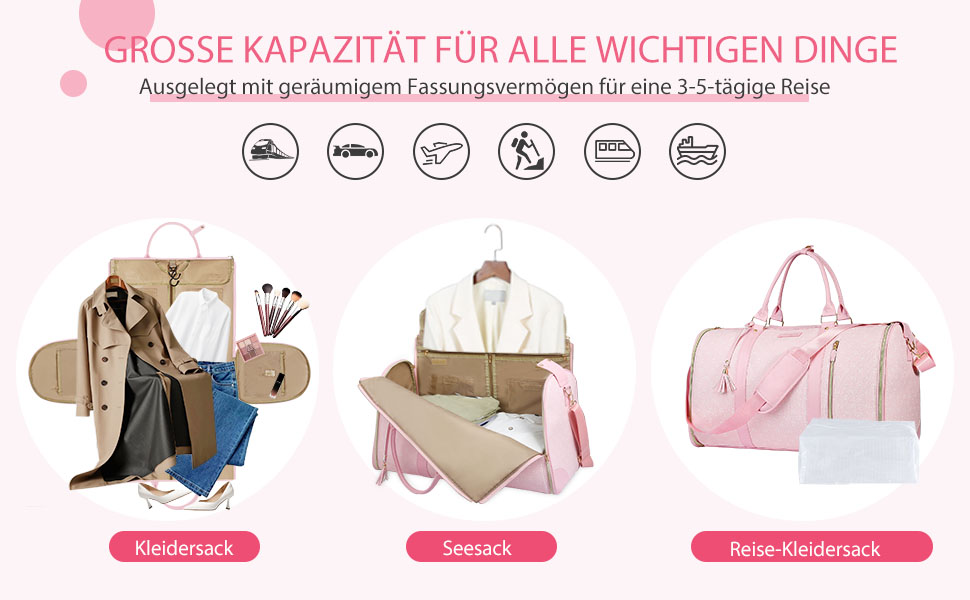 Сумка-трансформер для подорожей 50 л, 2-в-1 з водонепроникним відділенням для взуття та системою проти зминання – для жінок та чоловіків, ідеальна для ділових поїздок та відпочинку (Рожева)