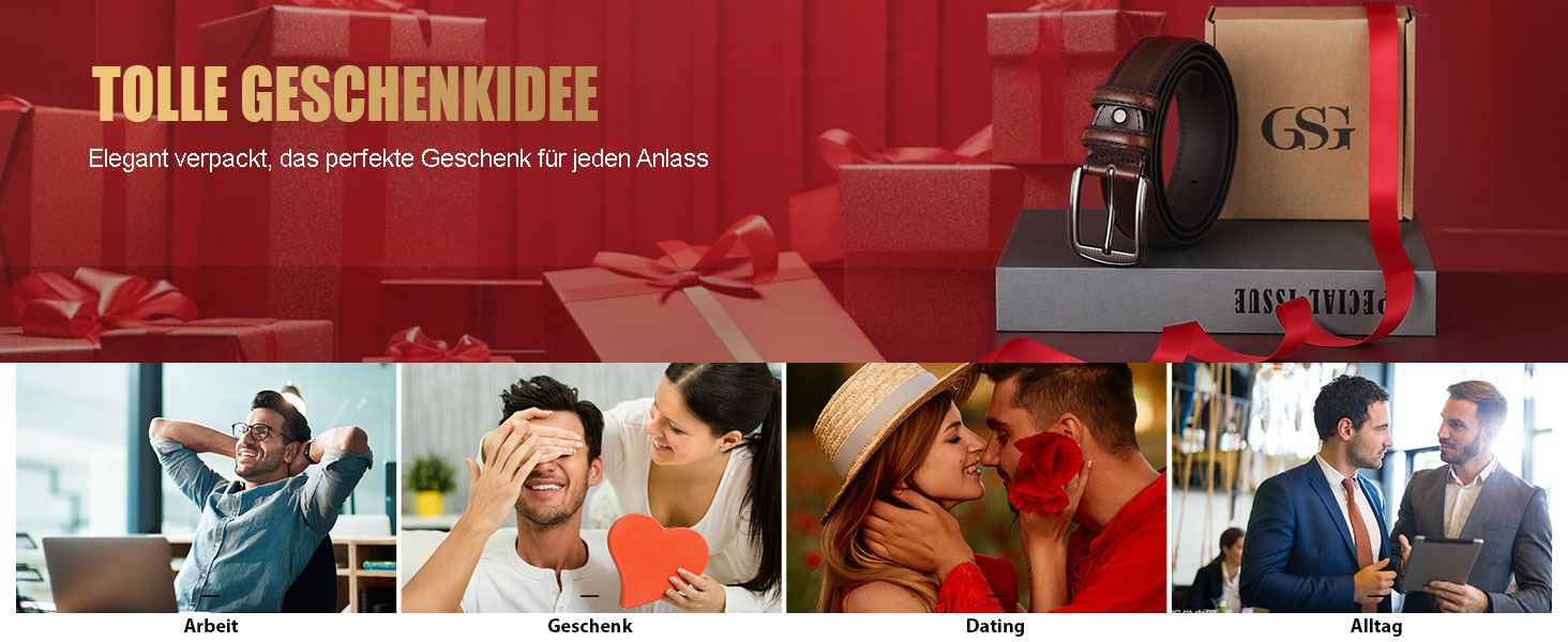 Чоловічий шкіряний ремінь GSG Since 1998 - класичний дизайн, 37 мм, для бізнесу та офіційних заходів, подарункова коробка, темно-коричневий