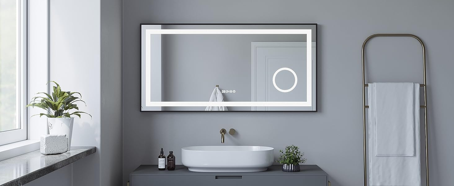 Дзеркало для ванної кімнати AQUABATOS з підсвічуванням 100x70 см LED, антизапар, сенсорне керування, 3 кольори світла, регулювання яскравості