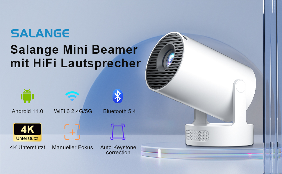 Міні проектор Salange HY300ula 4K Android 11.0 з Wi-Fi 6, Bluetooth 5.4 та динаміком 5W. Підтримка 4K, 1080P, обертання 180°, автоматична корекція трапецеїдальних спотворень.