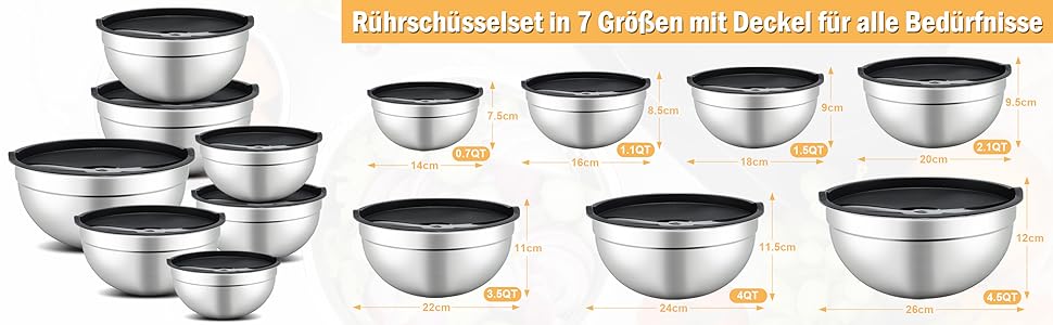 Набір мисок для перемішування Hunnycook Bunte 5 шт., нержавіюча сталь, з кришкою, силіконове дно, тертки, 4.5/4/2.4/1.7/0.8 л, мийка в посудомийній машині