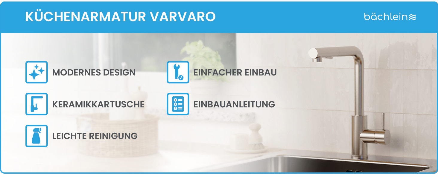 Кухонний змішувач Bächlein Varvaro – поворотний на 360° з висувним шлангом та душем – нержавіюча сталь