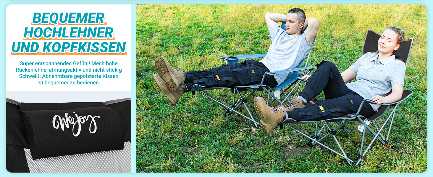 Кемпінговий стілець-шезлонг WEJOY 2-в-1: складаний стілець для пляжу та відпочинку з регульованою спинкою, підставкою для ніг, тримачем для напоїв, сірий/блакитний