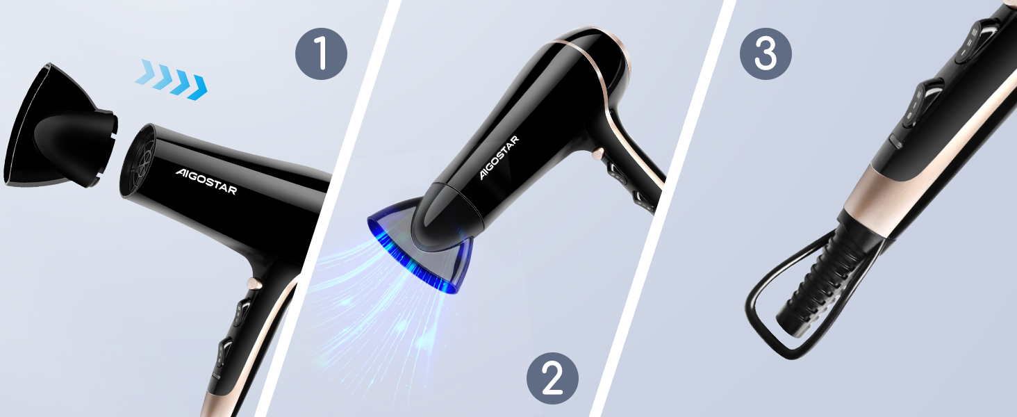 Фен Aigostar Lora: 2400W, іонізація, 3 режими температури, 2 швидкості повітря, чорний