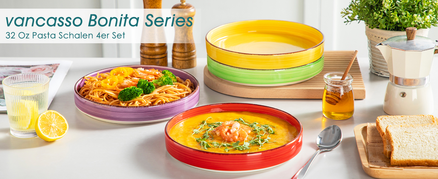 Vancasso Soup Bowls Stoneware, Bonita Soup Plate Set of 4, Pasta Plate, Spaghetti Deep Bowls, Noodle Bowls, Large Salad Bowls, Salad Bowl Dishwasher and Microwave Safe, Colorful