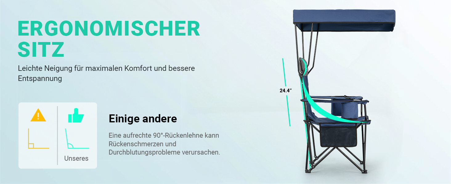 Кемпінговий стілець Overmont зі спадковим дахом, підсклянником та охолоджуючим кишенем - блакитно-сірий