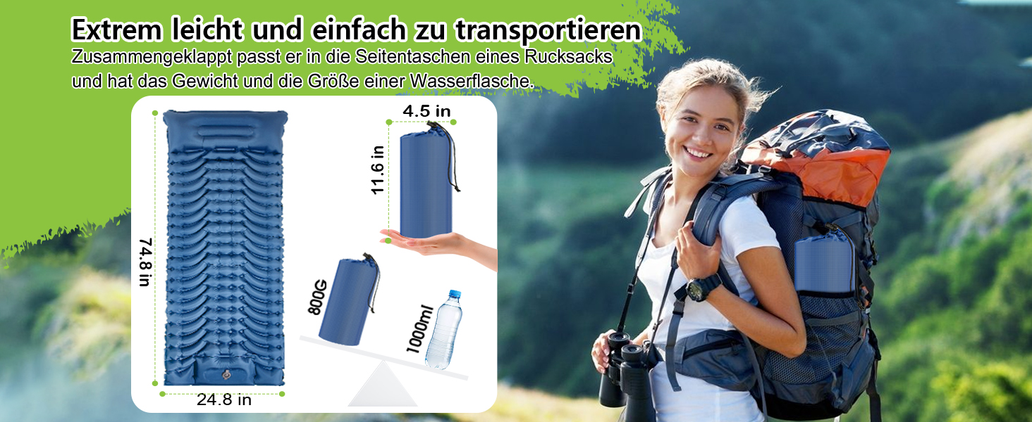 MEIJO Саморозгортальний килимок для кемпінгу, ізомат, туристичний килимок, самонадувна повітряна матрац для відпочинку на природі, похідів, кемпінгу, пляжу, блакитний & сірий
