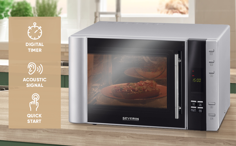 Мікрохвильова піч Severin 3-в-1 з грилем та конвекцією до 200°C, 25 л, чорна, з антипригарним декором для піци, модель MW 7752