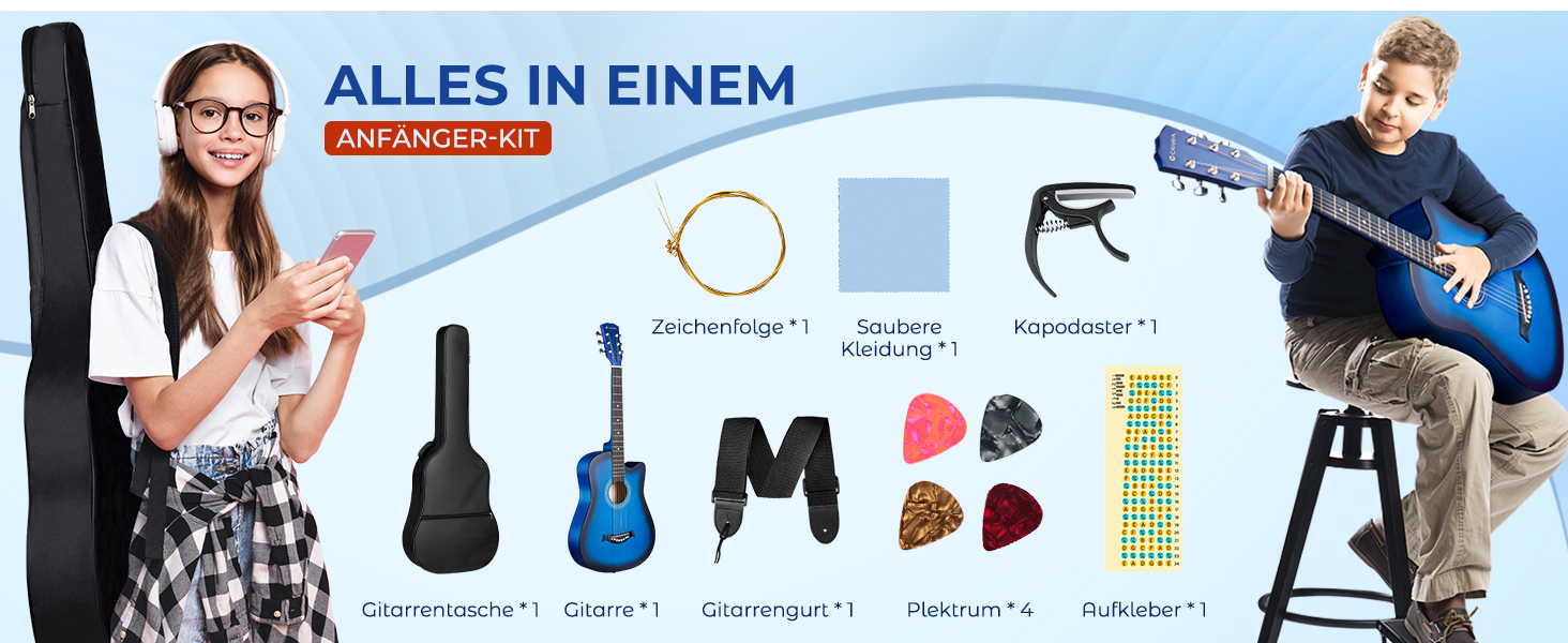Акустична гітара CAHAYA 38 дюймів: Комплект для початківців, дітей та дорослих, з чохлом, запасними струнами, каподастром, медіаторами, наклейками на лади, синій CY0354