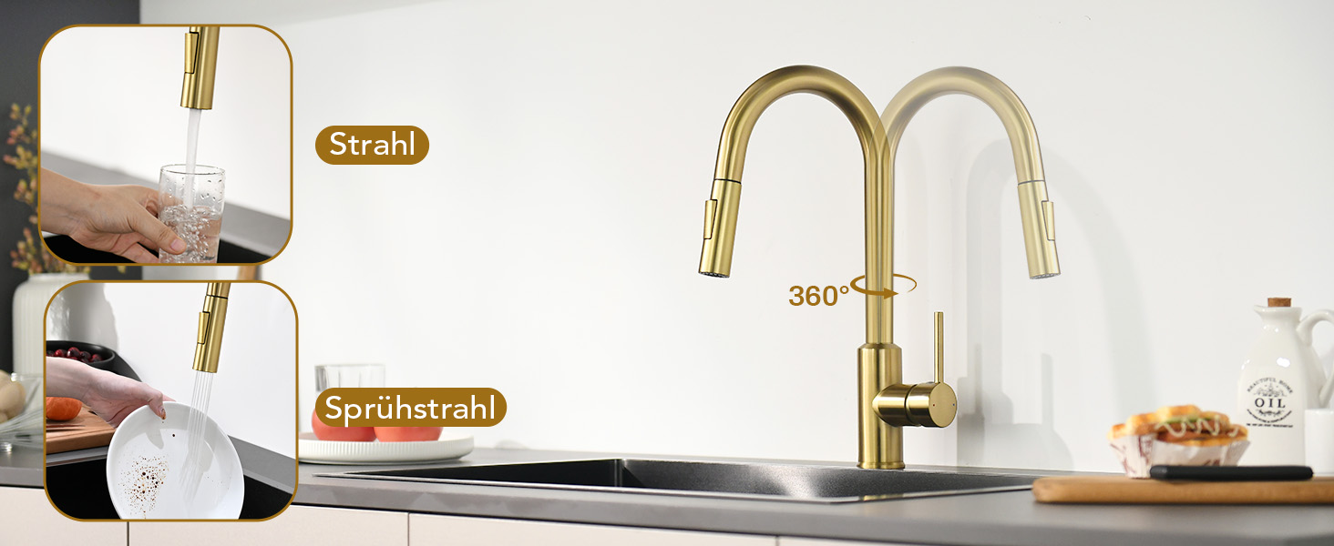 Змішувач кухонний з висувною лійкою та душовою насадкою, поворотний на 360°, 2 режими, нержавіюча сталь (золотий)