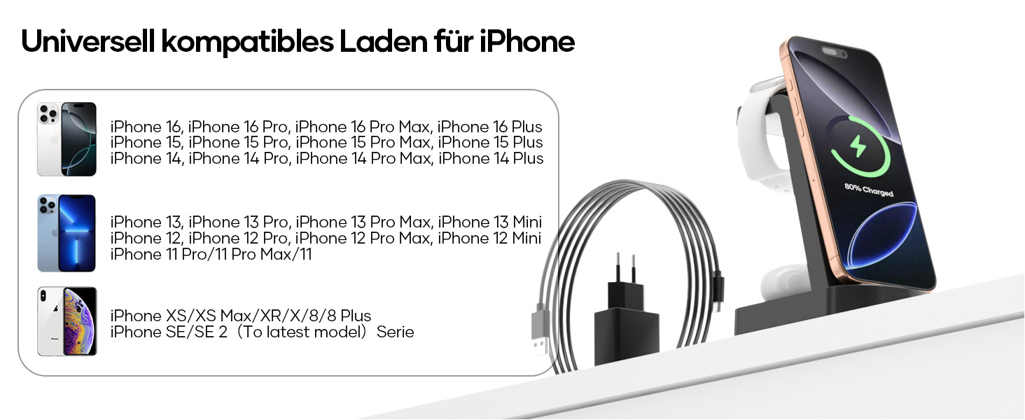 Бездротова зарядка 3-в-1 з адаптером 18W, сумісна з iPhone 16/15/14/13/12 Pro/Pro Max, Apple Watch, AirPods Pro (Чорний)