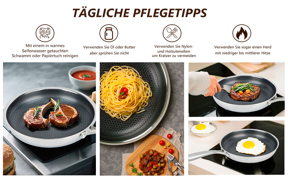 Сковорода з антипригарним покриттям 24 см з кришкою, нержавіюча сталь, безпечна для здоров'я, сумісна з усіма плитами, посуд без PFOA, срібна