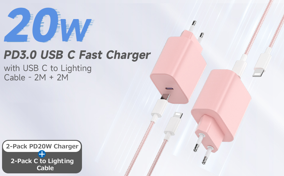 Зарядний пристрій 20W USB-C з кабелем Lightning для iPhone 14/13/12/11/X/XR/XS/Mini/SE - 2 шт, Рожевий