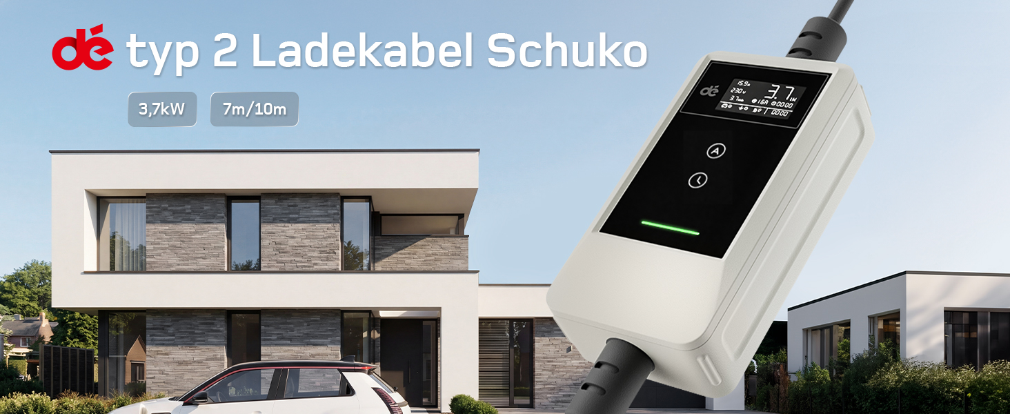 Зарядний кабель для електромобіля Type 2 Schuko 3.7кВт з керуванням через додаток, регулювання струму 6-16А, 10м, білий