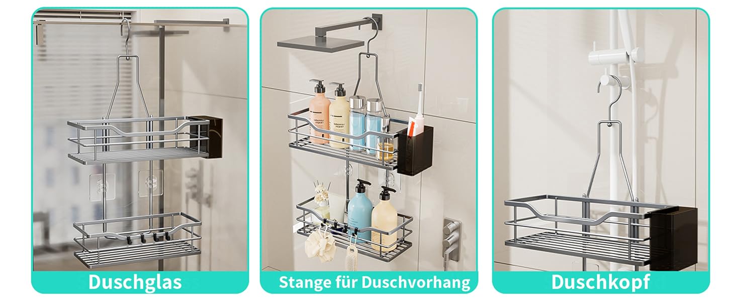 Настінна поличка для душу HapiRm з 4 гачками - поворотна 360°, органайзер для шампуню та мийних засобів, сріблястий