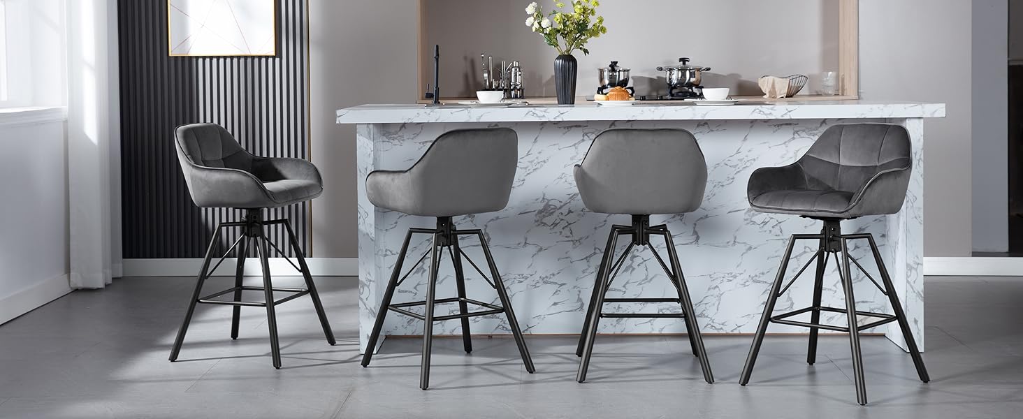 WOLTU 2-Piece Bar Stool Set - Swivel Barstools with Backrest & Footrest - Velvet Upholstered Metal Bar Chairs - Dark Grey