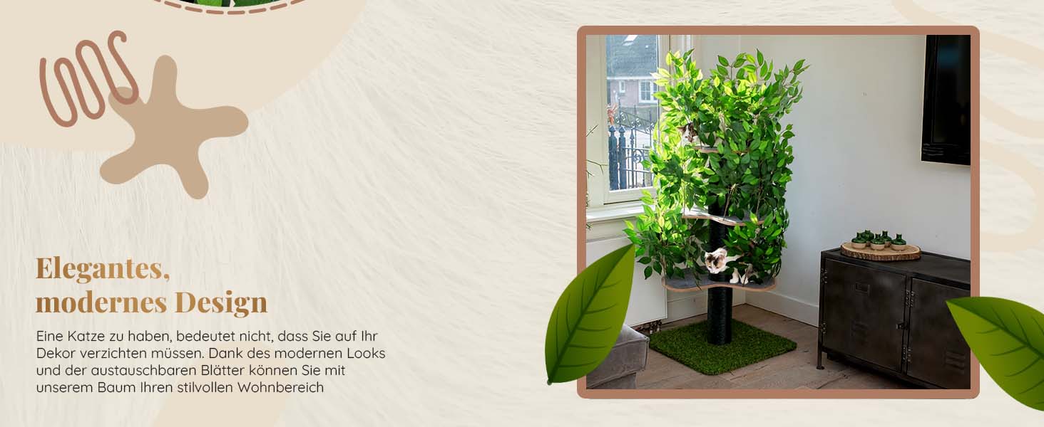 Дерево для котів Kratzbaum Natur - багатоярусне, з можливістю заміни листів, 160 см. Безпечні матеріали, міцне та запатентоване.