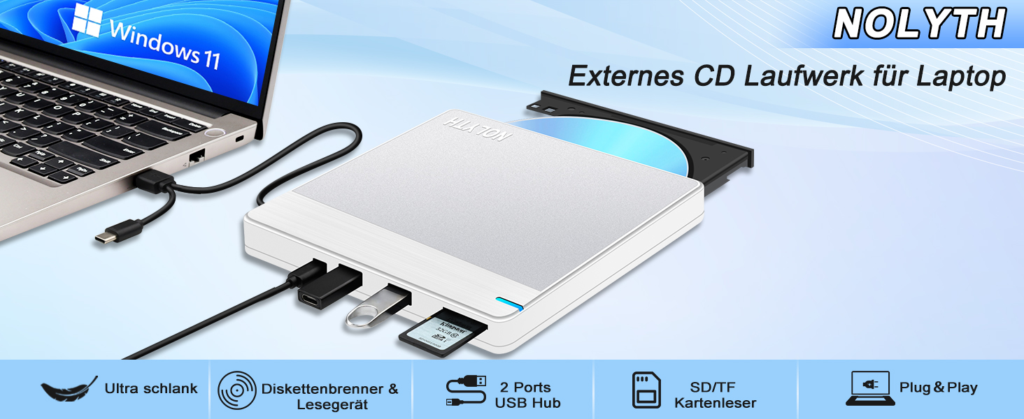 Зовнішній DVD-накопичувач для ноутбука Ultra Slim: портативний CD/DVD привід USB з картридером SD/TF для Mac, MacBook, Windows