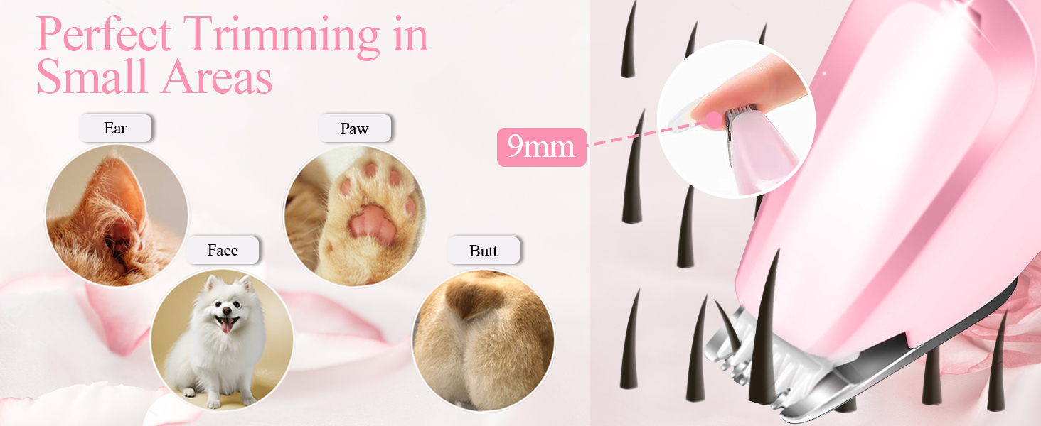 Триммер для собак LOEVERY з LED-підсвічуванням, 9 мм, USB-зарядка, рожевий. Ідеально для догляду за лапами, очима, обличчям та вухами