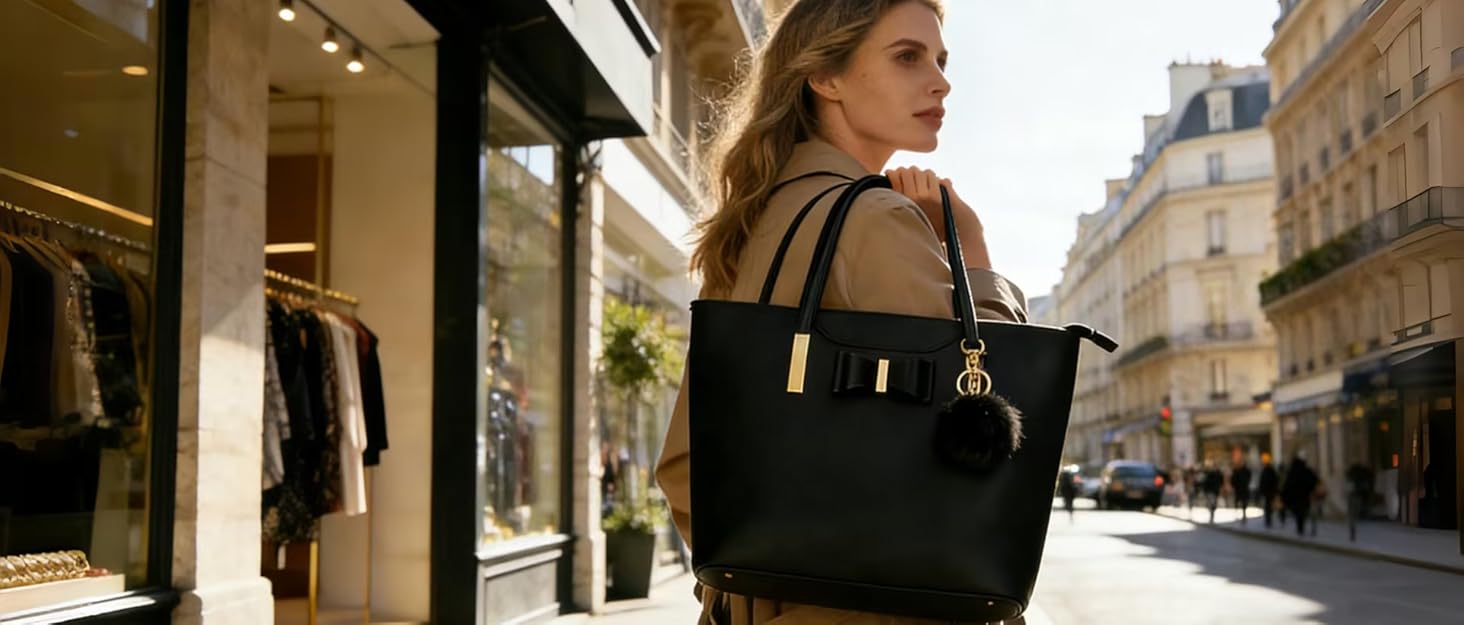 Сумка жіноча URAQT чорна шкіряна, шопер для офісу, школи, покупок з помпоном з хутра кролика та брелоком