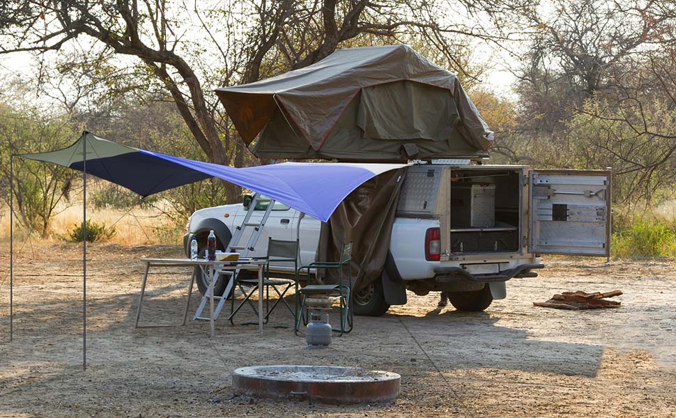 Тент Forceatt Zeltplane 3.7x4.3 м: ультралегкий, водонепроникний, з 6 точками кріплення, анти-UV. Підходить для кемпінгу, піших прогулянок та активного відпочинку на природі. Темно-синій & сірий колір.