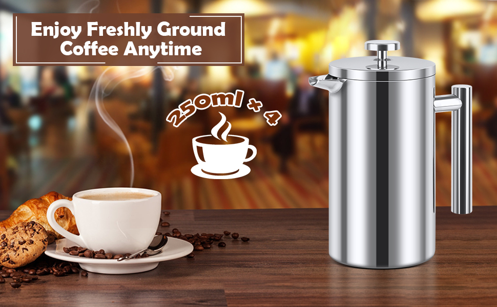 Френч-прес для кави з нержавіючої сталі, 1000 мл, з подвійними стінками, ізольований, для дому, кемпінгу та офісу