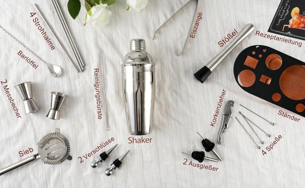 Набір бармена на 23 деталі з підставкою | Набір шейкерів для коктейлів з інструментами: шейкер Мартіні, сито, ложка, мадлер, для дому, бару, вечірки (колір коричневий)