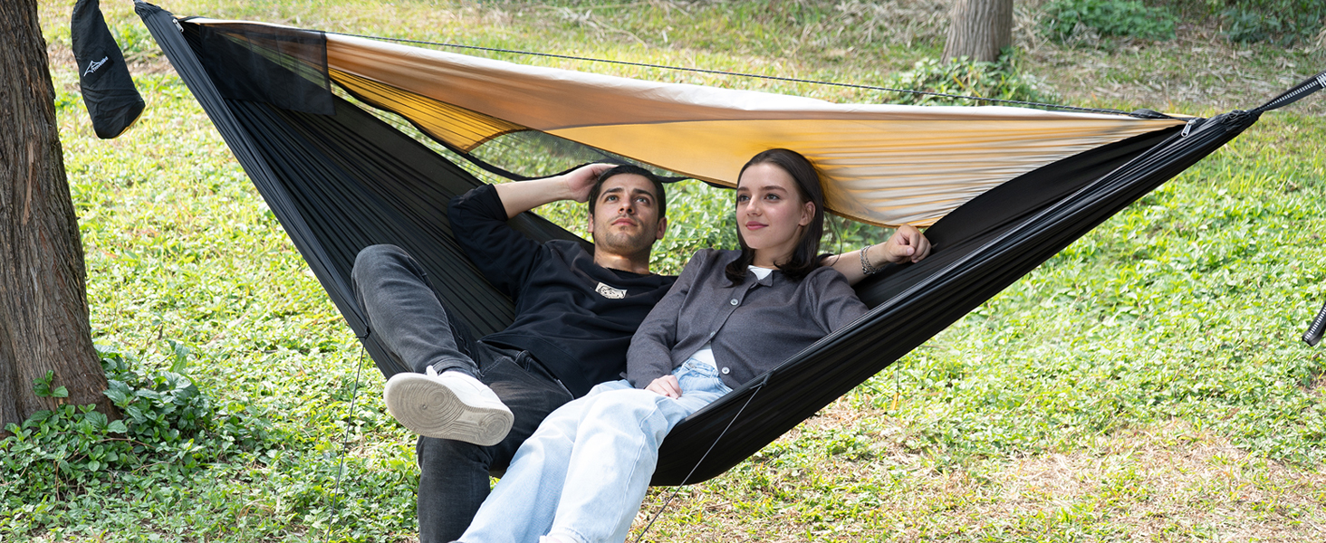 Гамак для кемпінгу з москітною сіткою та стропом, великий на 2 особи, 290 x 140 см, швидко розкладається, ультралегкий, армійний/зелений колір