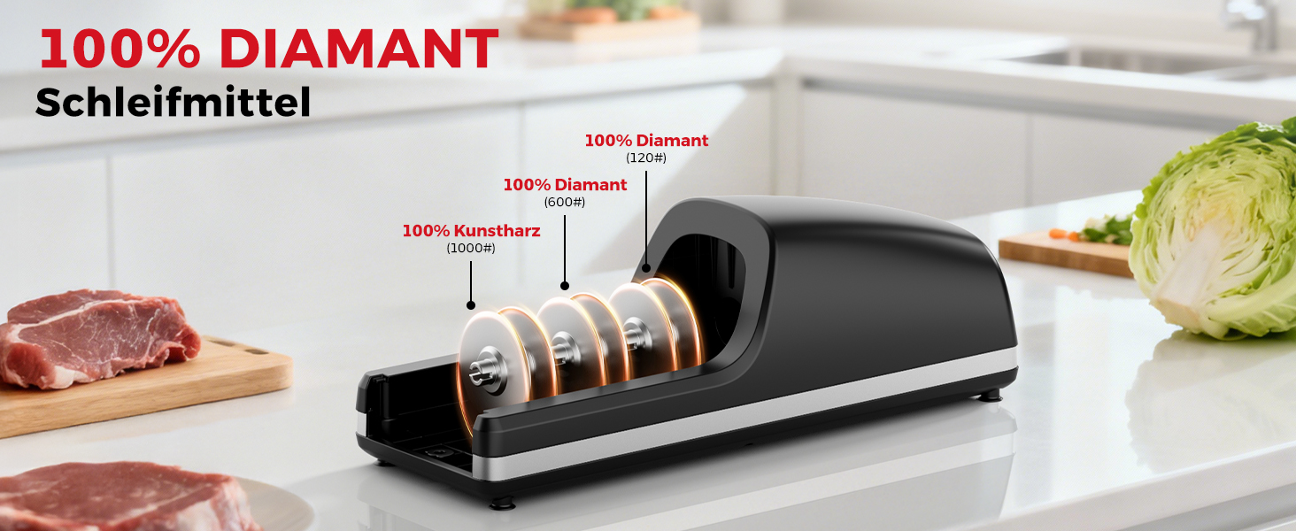 Професійний електричний точило для ножів | Змінні насадки | 100% алмазний абразив, прецизійна система нахилу, підходить для заточування ножів з двостороннім та хвилястим лезом, чорний