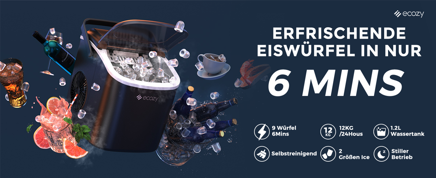 Машина для приготування льоду Ecozy: компактна, самоочисна, 9 кубиків за 6 хвилин, 12 кг/24 години, для дому та вечірок