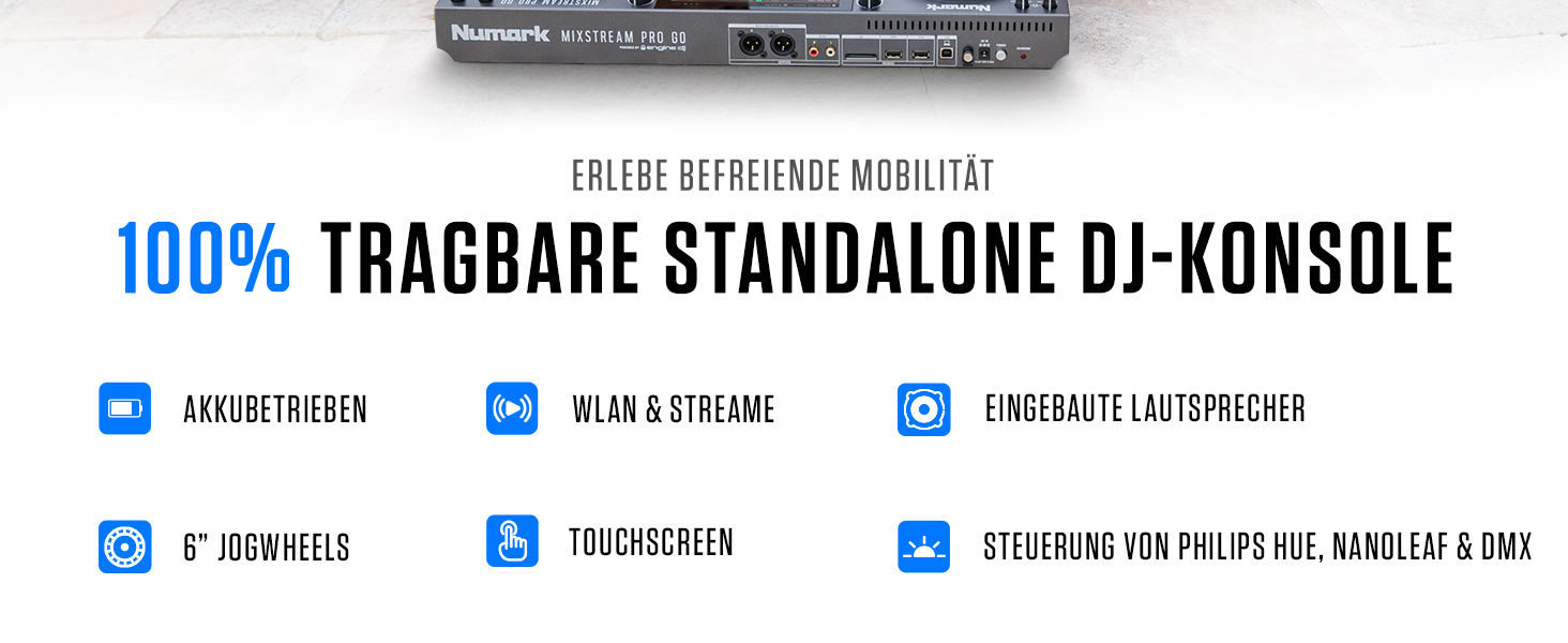 Numark Mixstream Pro Go: Портативний DJ-контролер з акумулятором, мікшер з розділенням STEM, динамік, Wi-Fi, сенсорний екран, сумісний з Serato DJ
