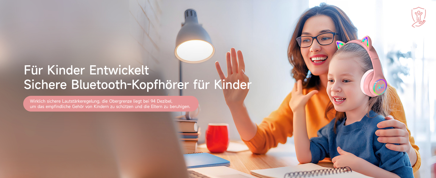 Дитячі навушники LOBKIN Bluetooth Over-Ear з чохлом, рожеві. Бездротові та провідні, складні, регульовані для школи та подорожей