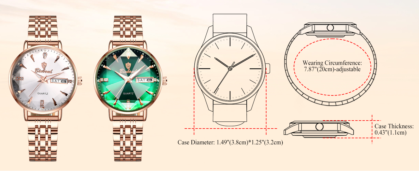 Жіночий наручний годинник JewelryWe Rosegold: кварцовий аналоговий годинник зі сталі, водонепроникний (30м), з календарем, підсвічуванням стрілок та граненим склом, колір Rosegold-Зелений