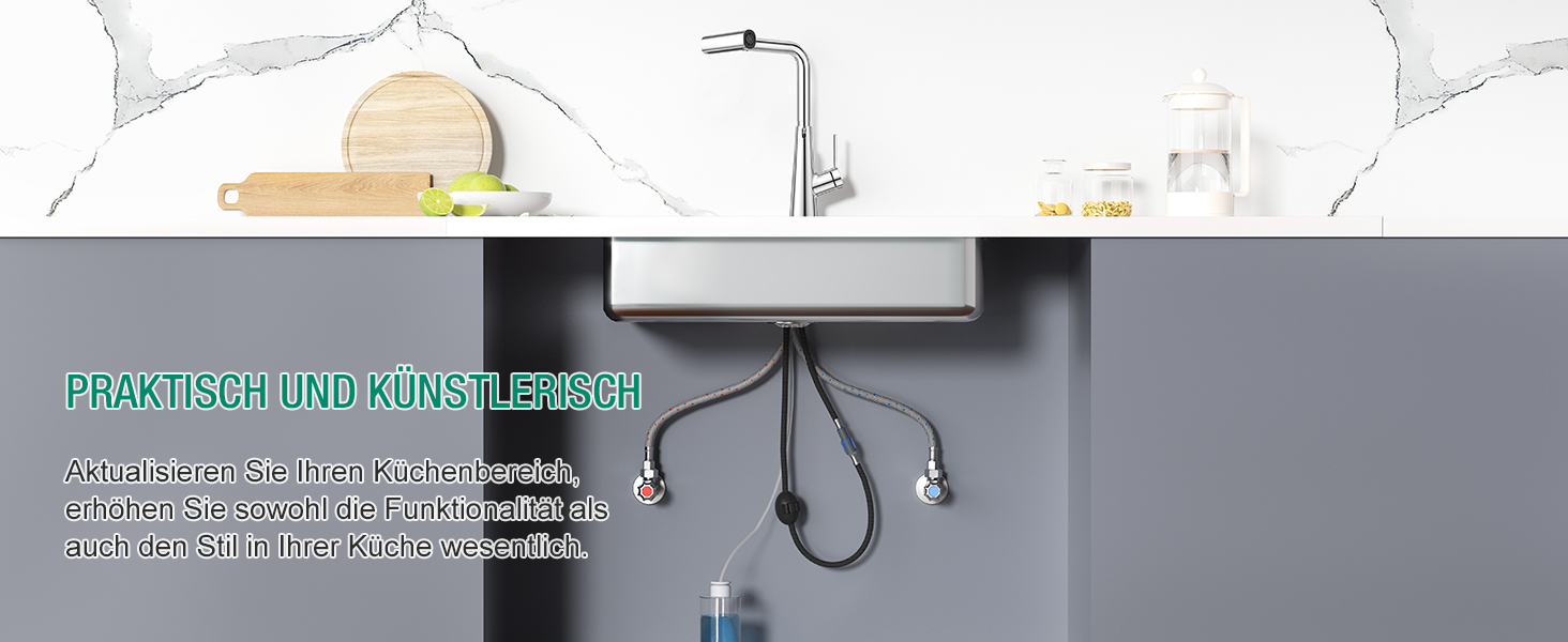 Кран кухонний водопровідний CREA Wasserfall висувний з дозатором мила, нержавіюча сталь, 360° обертання, 4 режими, хром