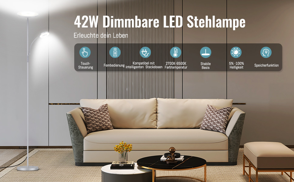 Стелярська лампа для вітальні з LED-підсвічуванням 4200LM, регулювання яскравості, пульт дистанційного керування, сенсорне керування, сучасний дизайн (42W, сірий)