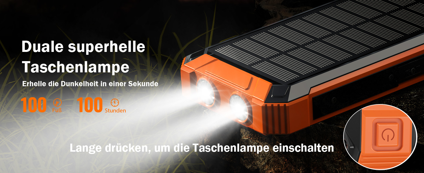 Power Bank Solar GOODaaa 26800mAh з 6 виходами, 4 входами, 15W, для мобільних пристроїв, з ліхтариком та карабіном (Оранжевий)