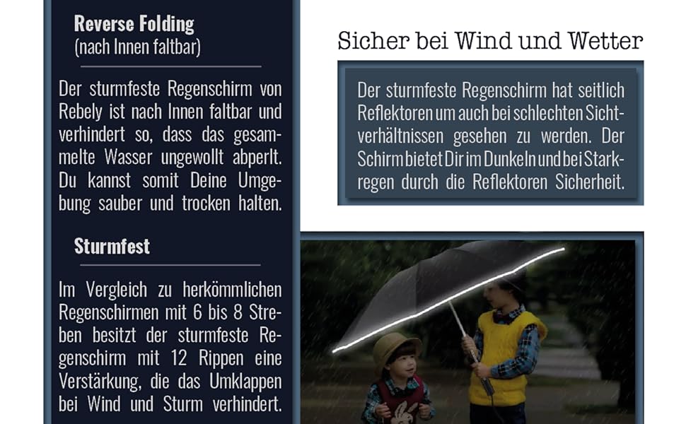 Стійка до вітру парасолька – надміцна з 12 спицями. Зручне складання без крапель – компактний, для жінок та чоловіків. Автоматичне відкриття – світловідбиваючі елементи на краю.
