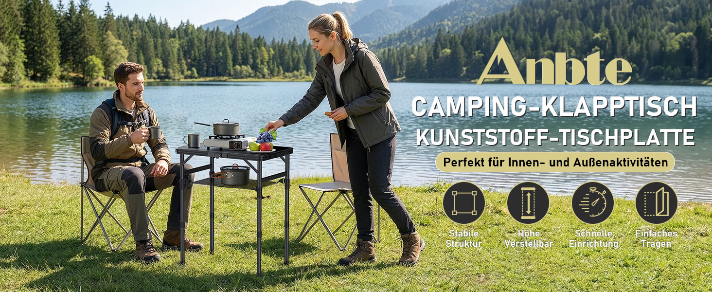 Складний кемпінговий стіл Anbte 58x40 см, алюмінієвий каркас, чорний пластиковий стіл з регульованою висотою (26/48/70 см) для пікніка, саду, балкону з сіткою для зберігання