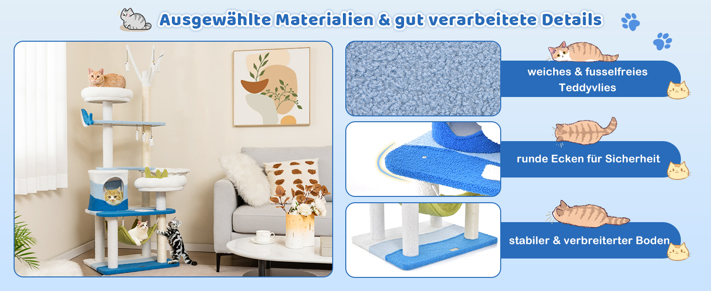 Кігтеточка для котів COSTWAY Ocean-серія з будиночком, гамаком та іграшками, блакитна (59x49x165 см)