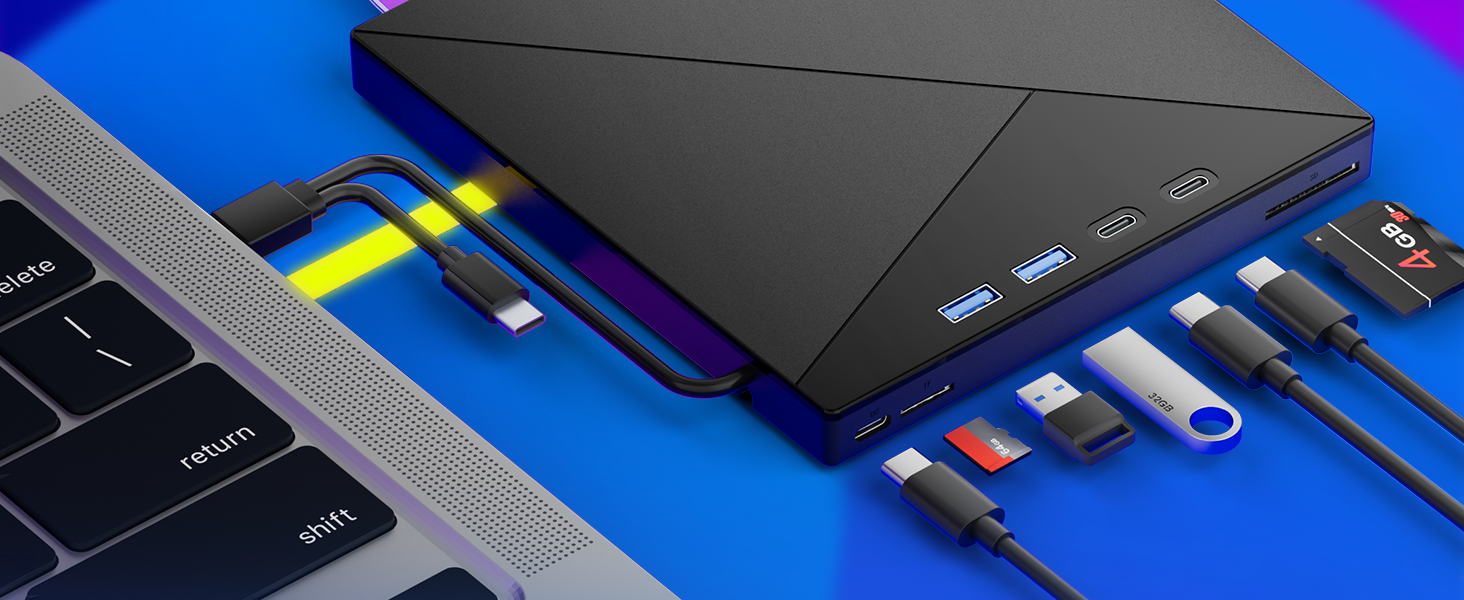 Зовнішній CD/DVD привід та записувач USB-C & USB-A з картридером TF/SD для ноутбука, Windows, Mac OS, Linux