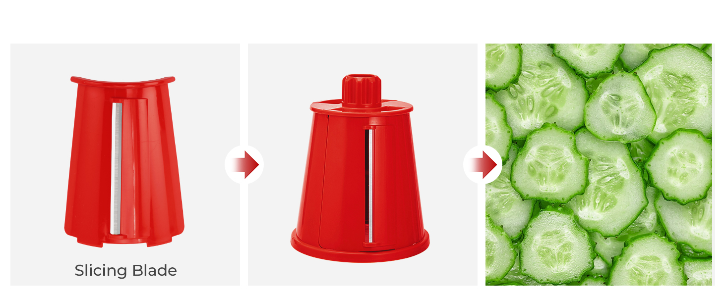 Ручна тертка для овочів Steaseas з ручкою - тертка для сиру, овочів, горіхів з 5 насадок, потужним присоском, контейнером для лез (червона)