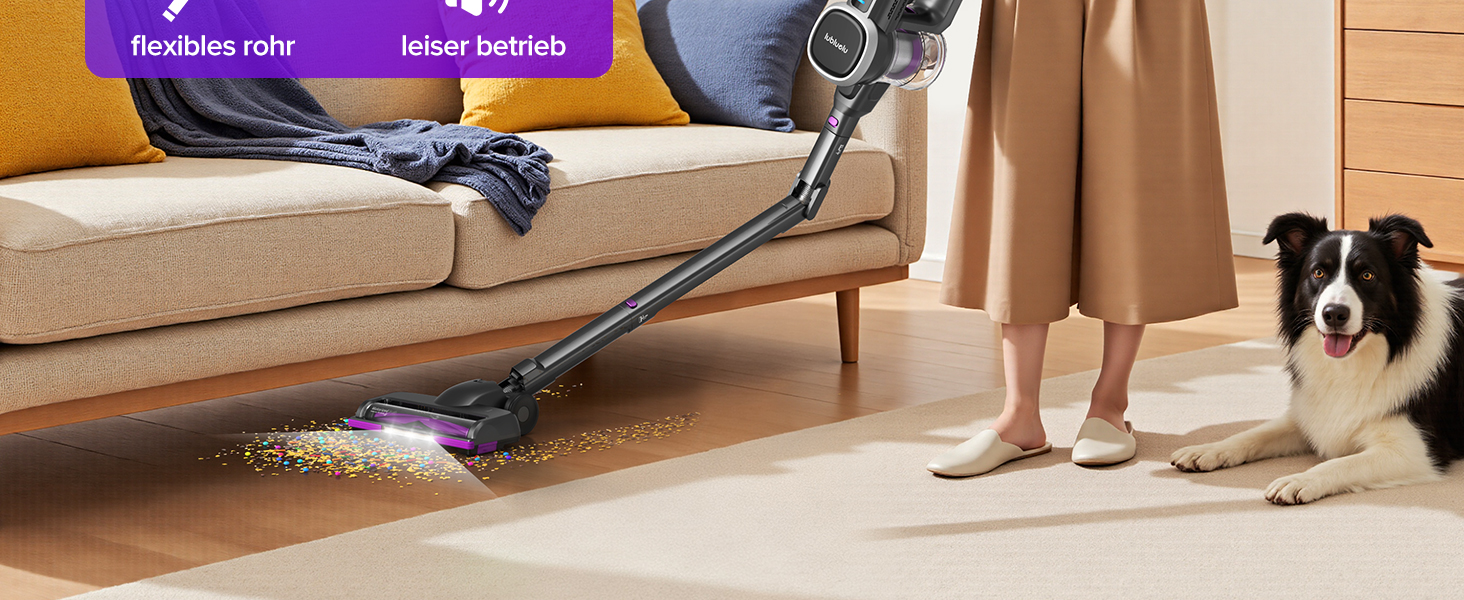 Бездротовий пилосос Lubluelu: легкий, тихий, з LED-дисплеєм та складним трубою. Потужне всмоктування для шерсті тварин, килимів, твердих поверхонь та авто (чорно-фіолетовий)