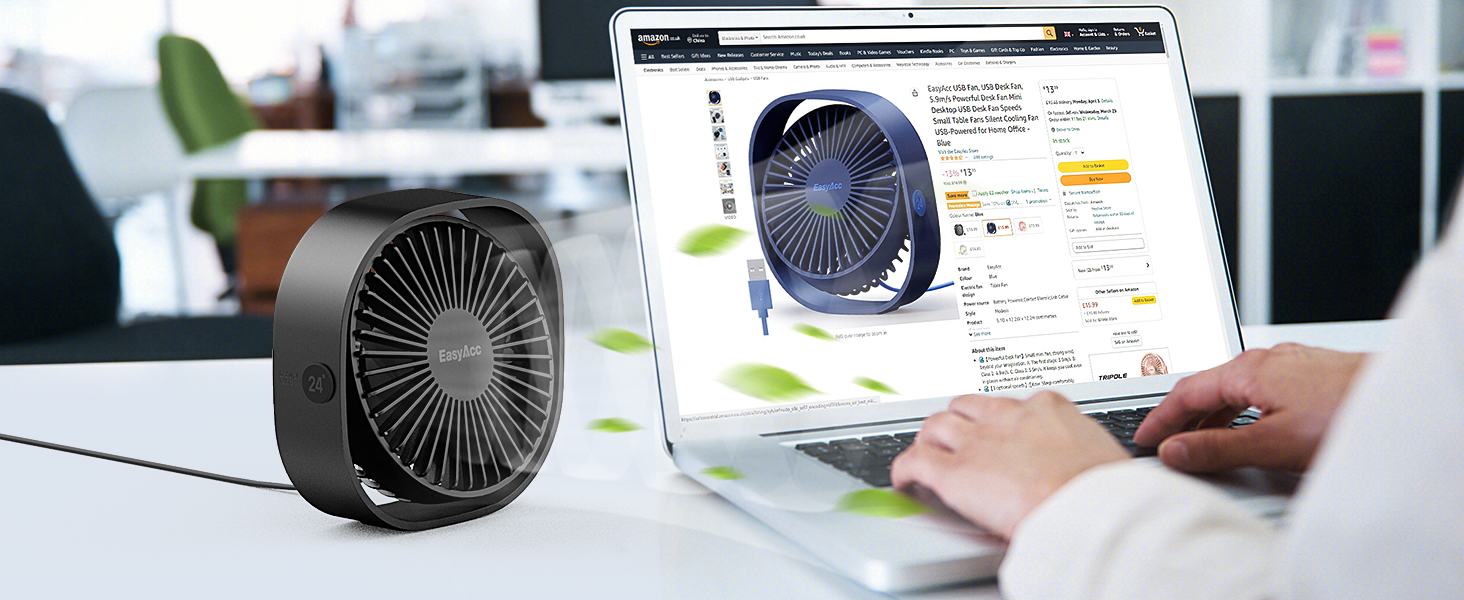 USB вентилятор EasyAcc: компактний, тихий, з 3 швидкостями та 360° обертанням для офісу та дому (чорний, прямокутний)