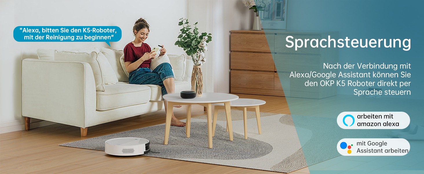 Робот-пилосос OKP з функцією миття, 2100Pa, K5B, для видалення шерсті тварин, з базою для зарядки, сумісний з Alexa та керуванням через додаток/пульт