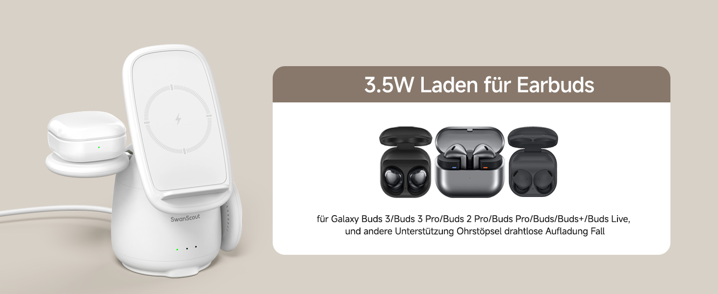 Бездротова зарядка SwanScout 3-в-1 для Samsung Galaxy S25 Ultra, S24, S23, Z Flip 7, Z Fold 7, Galaxy Watch 8/Ultra/7/6/5, Buds (без адаптера) біла