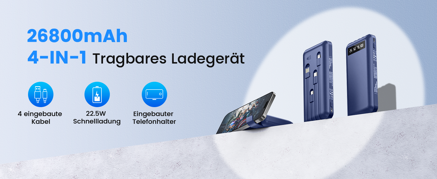Powerbank 26800mAh з 4 вбудованими кабелями, 22.5W, LED дисплеєм та підставкою, блакитний. Сумісний з iPhone, iPad, Samsung Galaxy.