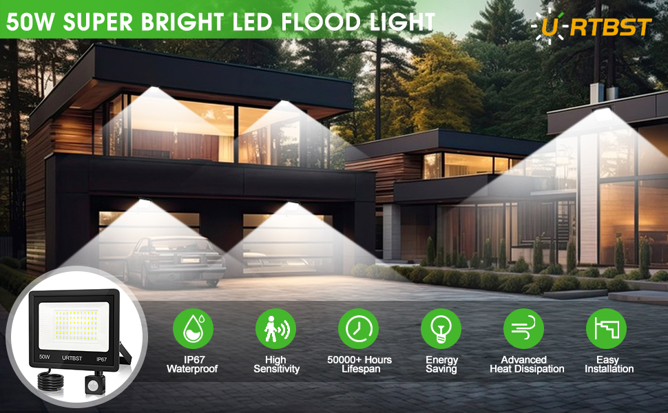 LED прожектор з датчиком руху для вулиці, 50Вт, 5000Лм, IP67, 7000K холодне біле світло, надяскравий, для саду, гаража, подвір'я (2 шт)
