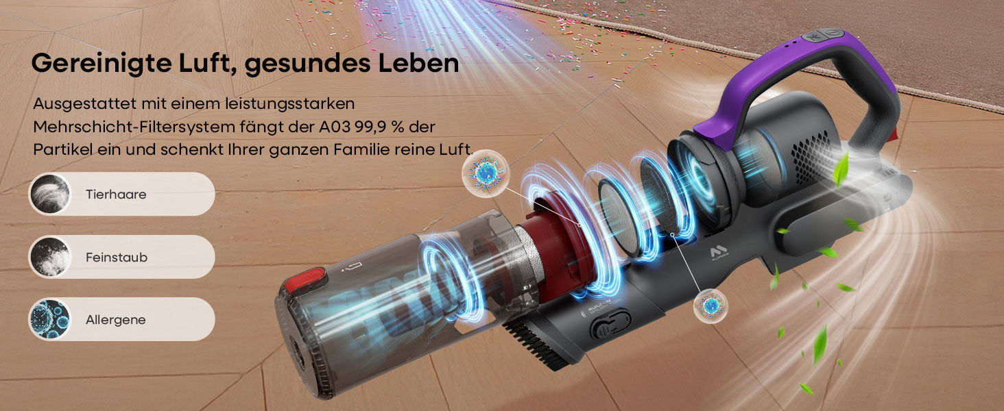 Бездротовий акумуляторний пилосос AlloyMove A03 Lila: потужність 450W, 45000Pa, LED, 60 хвилин роботи, для тварин, килимів, твердих поверхонь