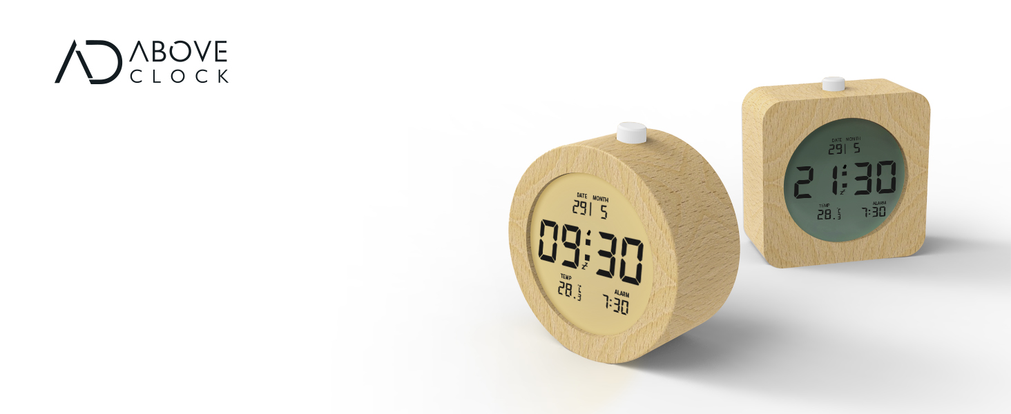 Цифровий будильник aboveClock з дерев'яним корпусом: LCD-дисплей з температурою та датою, функція Snooze, підсвічування, для спальні